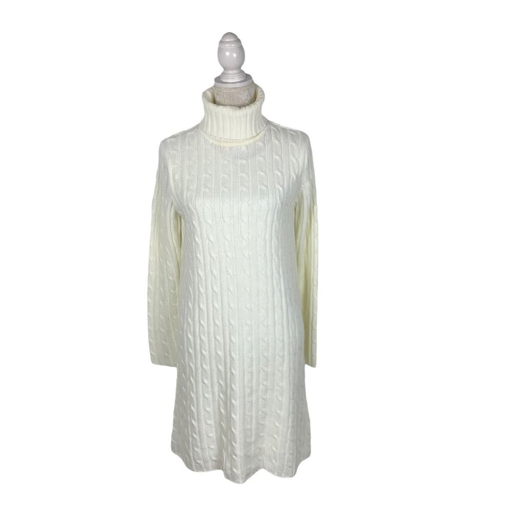 Cremieux Ivory Turtleneck Sweater Dress Cable Knit‎ Long Sleeve Lined Holiday M